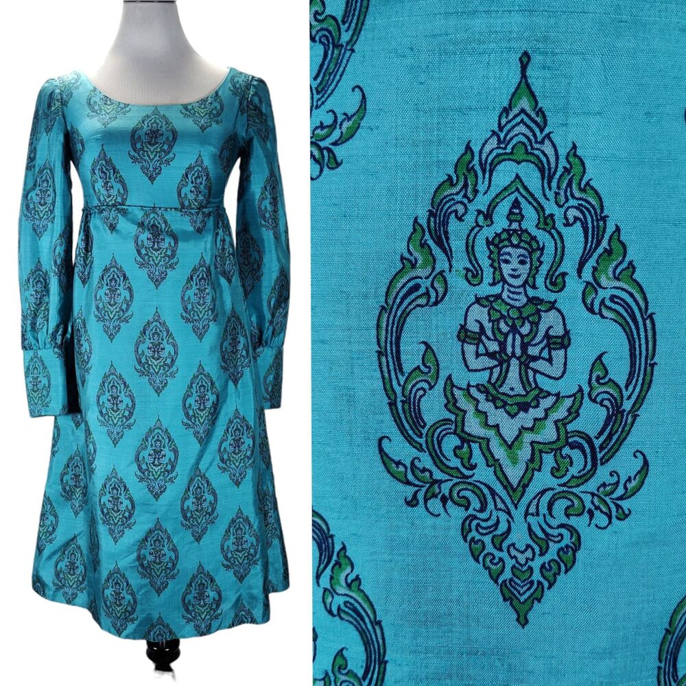 Vintage 60s Novelty Budda Print Cocktail Dress Size 2 Blue Silk Empire Waist